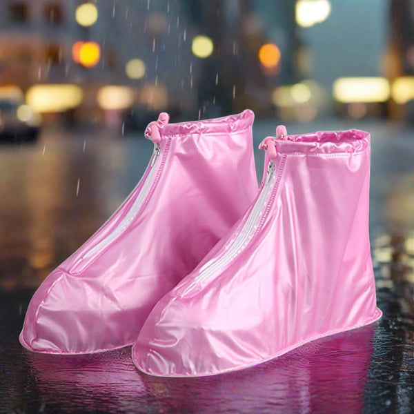 17976 Plastic Shoes Cover Reusable Anti-Slip Boots Zippered Overshoes Covers Transparent Waterproof Snow Rain Boots For Kids / Adult Shoes, For Rainy Season (1 Pair / Pink) - F4mart