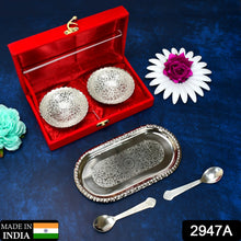 2947a silver plated 2 bowl 2 spoon tray set brass with red velvet gift box serving dry fruits desserts gift