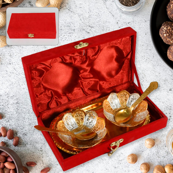5636-gold-silver-plated-2-bowl-2-spoon-tray-set-brass-with-red-velvet-gift-box-serving-dry-fruits-desserts-gift