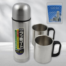 13110 Double Wall Stainless Steel Thermos Flask 500ml Vacuum Insulated Gift Set with Two Cups Hot & Cold, Stainless Steel, Diwali Gifts for Employees, Corporate Gift Item (3 Pcs Set)
