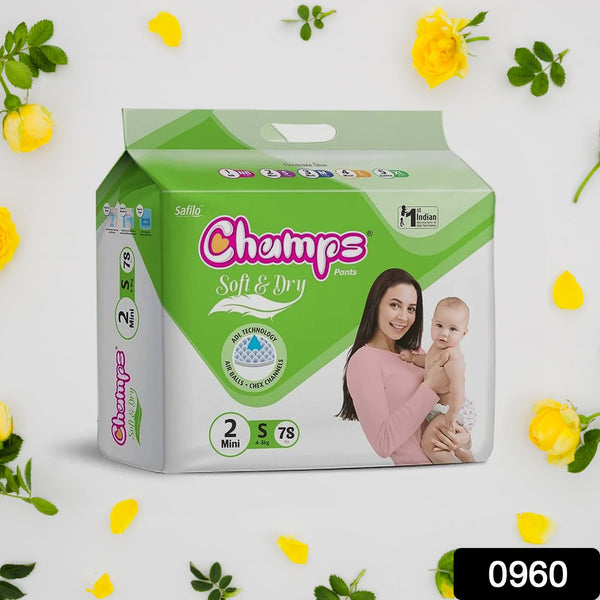 0960 champs soft and dry baby diaper pants 78 pcs small size s78