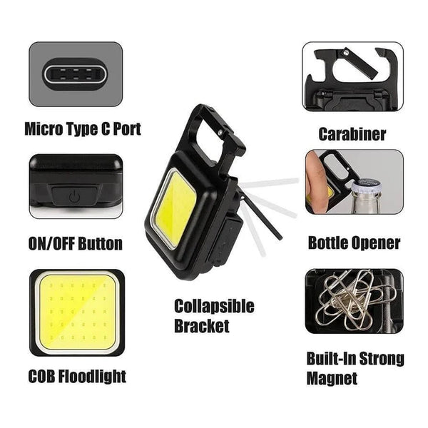 rechargeable keychain mini flashlight with 4 light modes ultralight portable pocket light with folding bracket bottle opener and magnet base for camping walking
