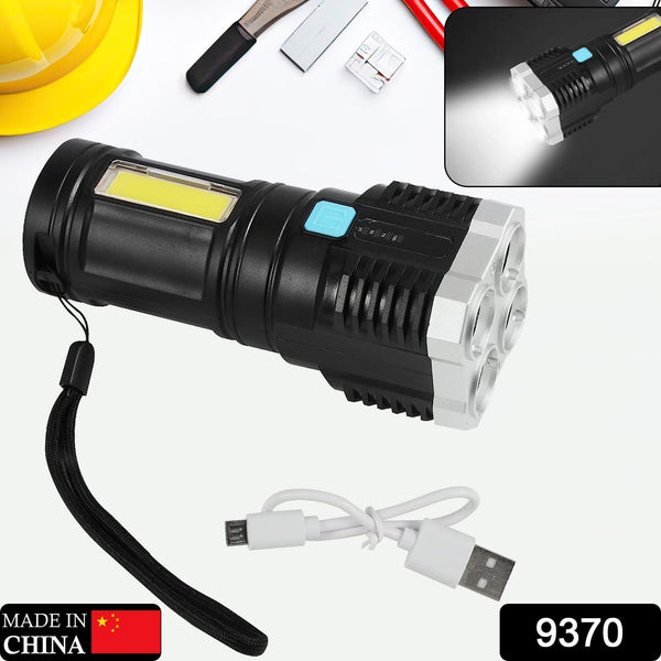 9370 multifunctional strong 4 led torch light portable rechargeable flashlight long distance beam range 800 lumens cob light 4 mode emergency for hiking walking camping 4 led torch