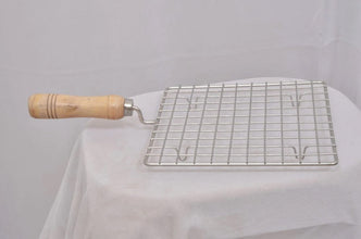 2086 Kitchen Square Stainless Steel Roaster Papad Jali, Barbecue Grill with Wooden Handle 