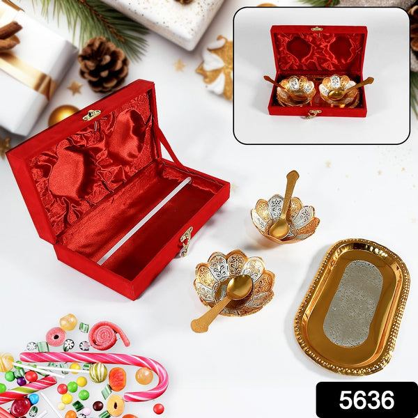 5636-gold-silver-plated-2-bowl-2-spoon-tray-set-brass-with-red-velvet-gift-box-serving-dry-fruits-desserts-gift
