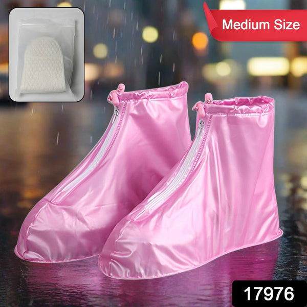 17976 Plastic Shoes Cover Reusable Anti-Slip Boots Zippered Overshoes Covers Transparent Waterproof Snow Rain Boots For Kids / Adult Shoes, For Rainy Season (1 Pair / Pink) - F4mart