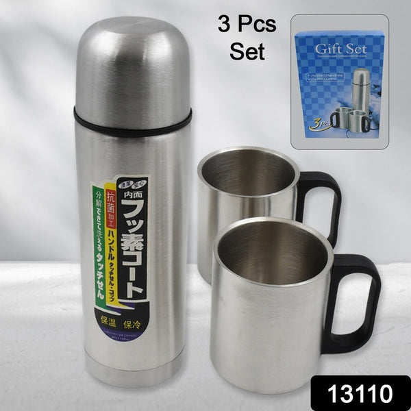 13110 Double Wall Stainless Steel Thermos Flask 500ml Vacuum Insulated Gift Set with Two Cups Hot & Cold, Stainless Steel, Diwali Gifts for Employees, Corporate Gift Item (3 Pcs Set)