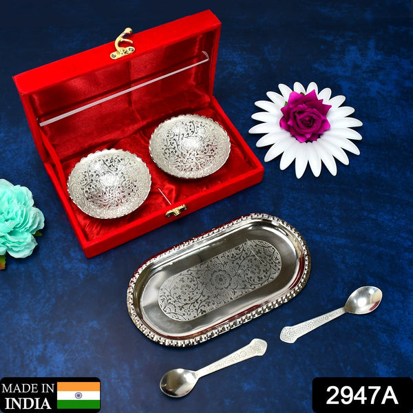 Silver Plated 2 Bowl 2 Spoon Tray Set Brass with Red Velvet Gift Box Serving Dry Fruits Desserts Gift, Bartan F4Mart