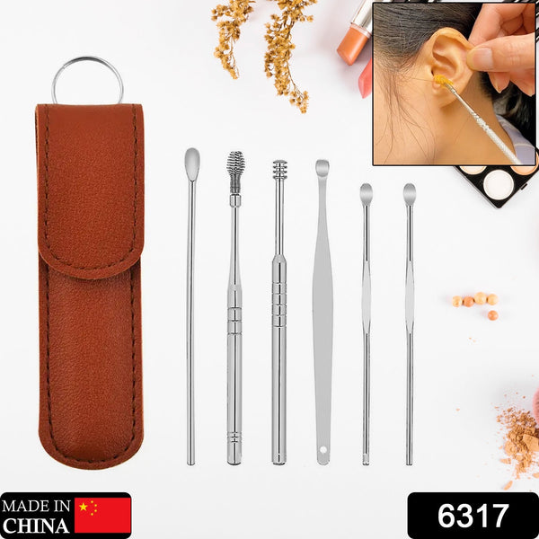 6-in-1 Ear Wax Cleaner- Resuable Ear Cleaning Tools Leather Pouch - Ear Pick Wax Remover Tool Kit with Ear Curette Cleaner and Spring Ear Buds Cleaner Fit in Pocket Great for Traveling F4Mart