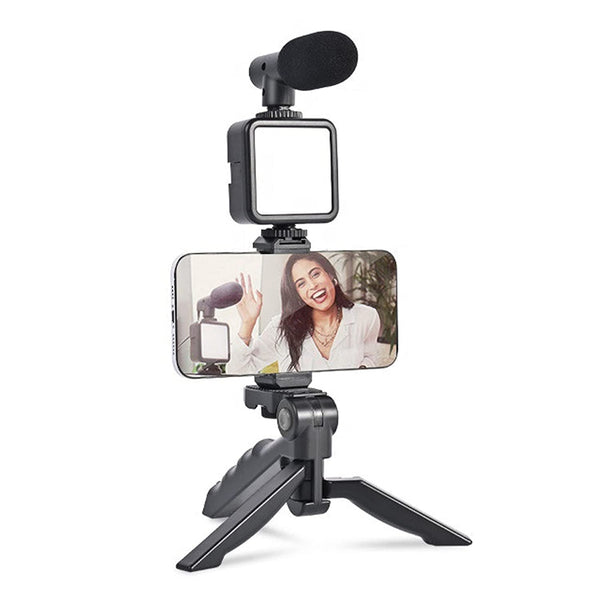 Vlogging Kit for Video Making with Mic Mini Tripod Stand, LED Light & Phone Holder Clip for Making Videos F4Mart