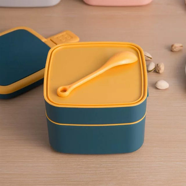 BLUE DOUBLE-LAYER PORTABLE LUNCH BOX STACKABLE WITH CARRYING HANDLE AND SPOON LUNCH BOX , Bento Lunch Box F4Mart