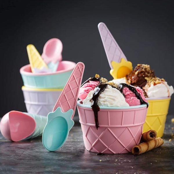 Ice-Cream Waffle Spoon Bowel Cup Set | Premium ice Cream Set | Ice-Cream Bowel with Spoon | 6 units Couple Bowl Set | Color Box F4Mart
