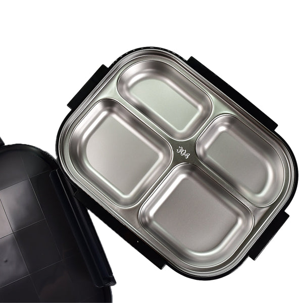 Black Transparent 4 Compartment Lunch Box for Kids and adults, Stainless Steel Lunch Box with 4 Compartments. F4Mart
