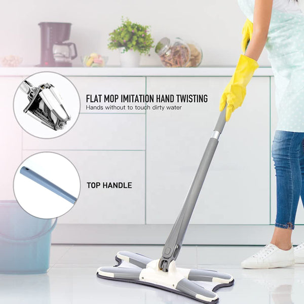 X Shape Mop or Floor Cleaning Hands-Free Squeeze Microfiber Flat Mop System 360Â° Flexible Head, Wet and Dry mop for Home Kitchen with 1 Super-absorbent Microfiber Pads. F4Mart