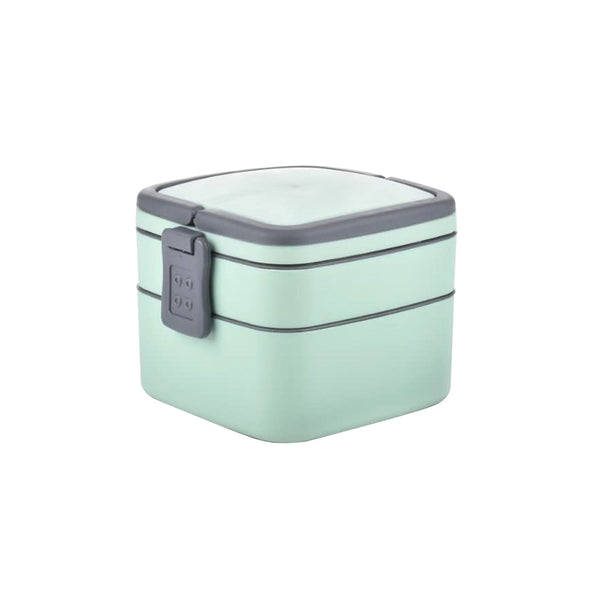GREEN DOUBLE-LAYER PORTABLE LUNCH BOX STACKABLE WITH CARRYING HANDLE AND SPOON LUNCH BOX , Bento Lunch Box F4Mart