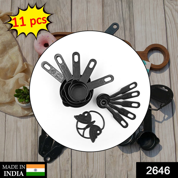 Plastic Measuring Cups and Spoons (11 Pcs, Black) With butterfly shape Holder F4Mart