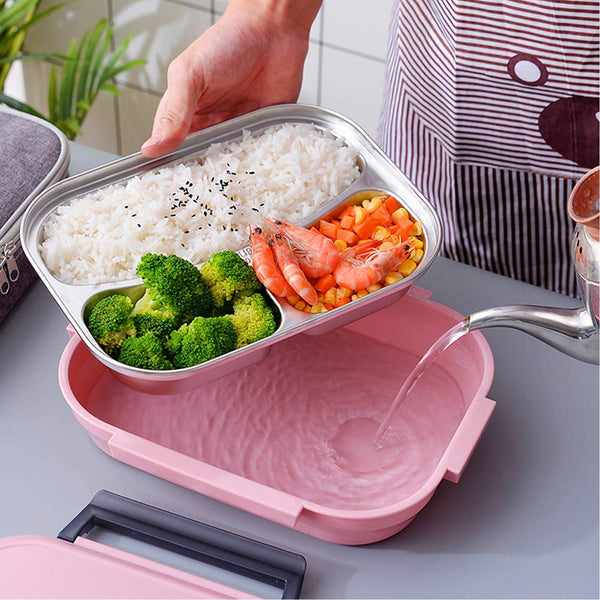 Pink Lunch Box for Kids and adults, Stainless Steel Lunch Box with 3 Compartments With spoon slot. F4Mart