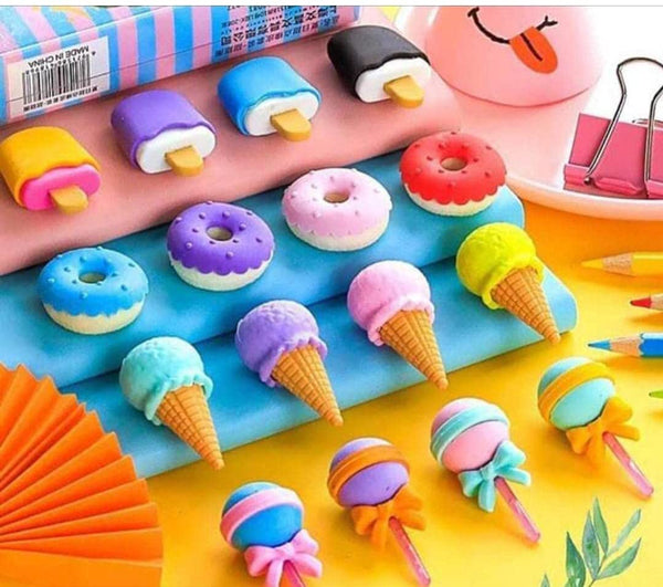 Donut/ Lolipop/ Ice Cream /Eraser For Girls & Boys /Eraser For School B'Day Return Gift Party Doughnut Lollipop Ice Cream Theme Shape Erasers Pencils Set For Kids Educational Stationary Kit, School Supplies (1 Set 4 Pc)