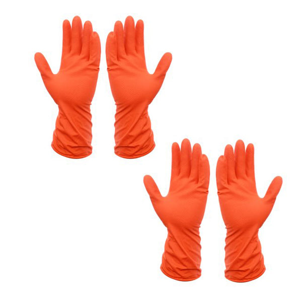 2 Pair Large Orange Gloves For Types Of Purposes Like Washing Utensils, Gardening And Cleaning Toilet Etc. F4Mart